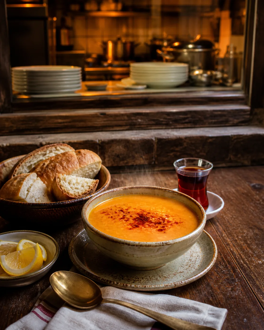 Mercimek çorbası, ekmek ve çayın sıcak mutfak penceresi önündeki görünümü