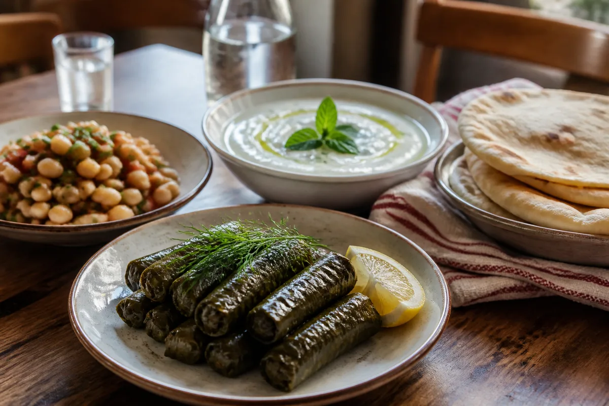 Yaprak sarma, fasulye, yoğurt ve ekmekle hazırlanmış paylaşım sofrası